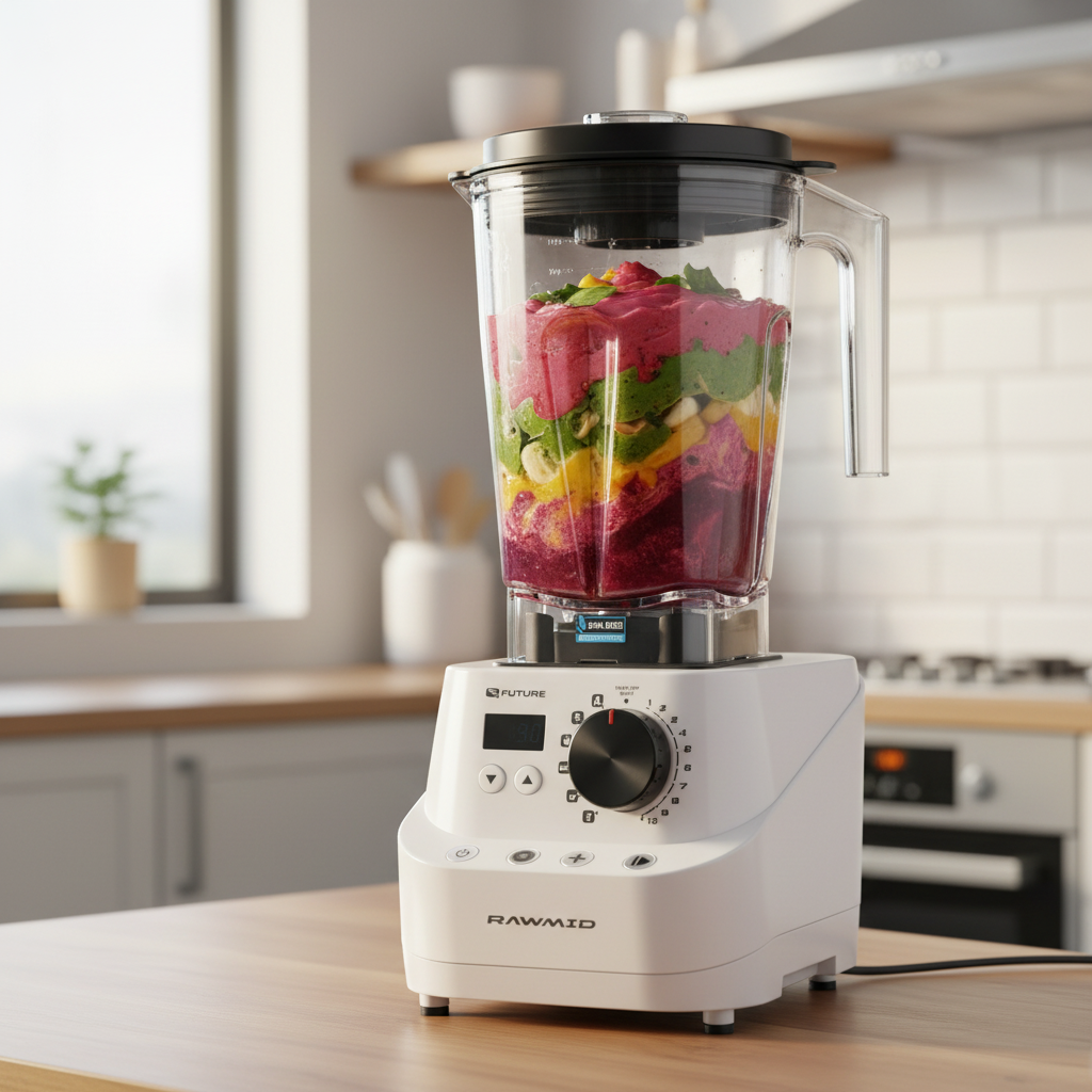 Плотно закрытая чаша блендера с фруктовым смузи и уплотнителем на крышке